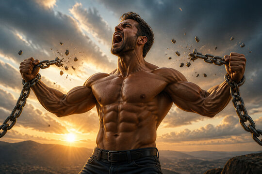 Muscular man breaking chains on rocky hilltop at sunset