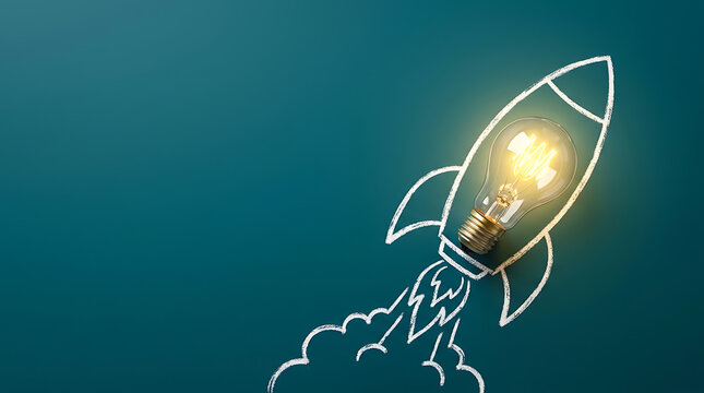 Creative Business Idea Concept Rocket Launching With Glowing Light Bulb On Blue Background