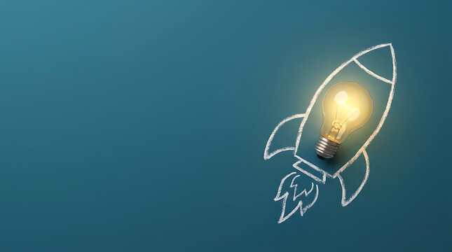 Creative Business Startup Concept Rocket Launch With Glowing Light Bulb Idea Symbol