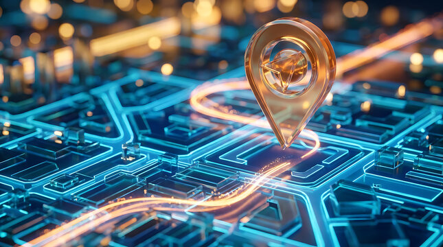 Digital City Map Navigation Concept With Glowing Location Pin And Futuristic Data Network Lines