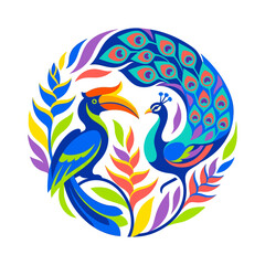 Hornbill and peacock in colorful circular floral frame. © perkasa99