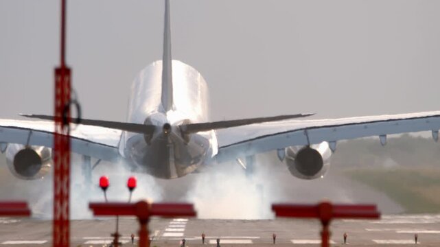Passenger jet airliner landing on runway with tire smoke rising at touchdown, sunny day with heat shimmer, telephoto slow motion shot