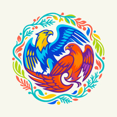 Fototapeta premium Two powerful eagles in a colorful circular floral ornament.
