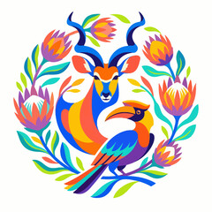 Vibrant antelope and hornbill bird circular vector design. © Arvinpratama