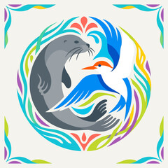 Fototapeta premium Grey seal and bird in decorative floral frame.