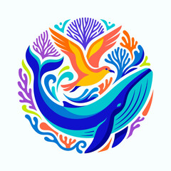 Humpback whale and bird in vibrant sea life design. ©  arinagraphic.std