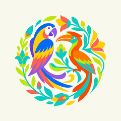 Macaw and hornbill birds in circular tropical garden illustration. © arina