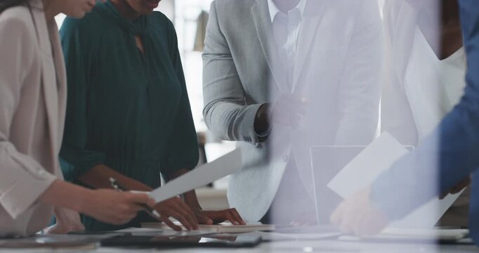 Meeting, hands and business people with documents for project planning or work delegation in office. Group, employees or discussion with paperwork for company briefing, agenda or tasks in workplace