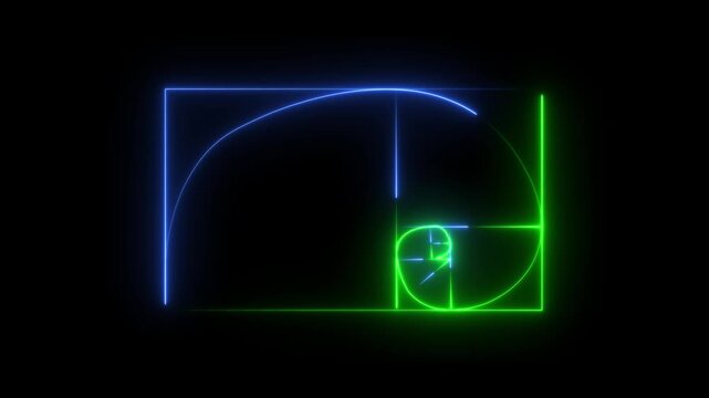  neon glowing Golden Ratio Fibonacci sequence golden number icon on black background.glowing neon Fibonacci spiral golden ratio icon