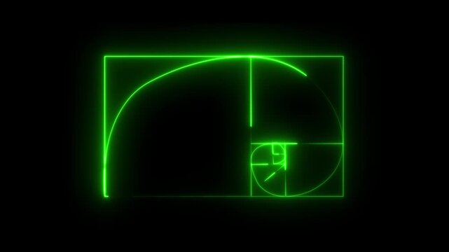  neon glowing Golden Ratio Fibonacci sequence golden number icon on black background.glowing neon Fibonacci spiral golden ratio icon