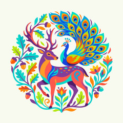 Fototapeta premium Deer and peacock illustration in circular flower frame.