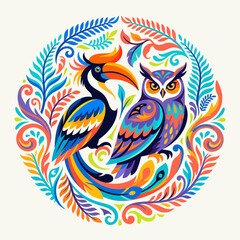 Hornbill and owl in decorative circular floral arrangement. © Badi