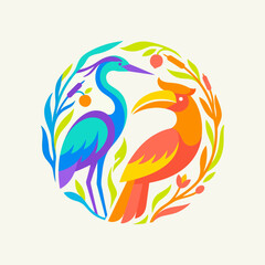 Blue heron and orange hornbill circular bird graphic. © asgar