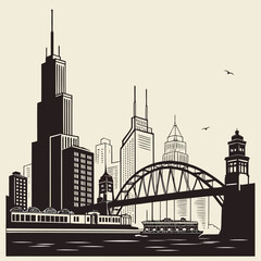 Fototapeta premium Urban cityscape illustration featuring skyscrapers and river bridge cityscape skyscrapers architecture metropolis