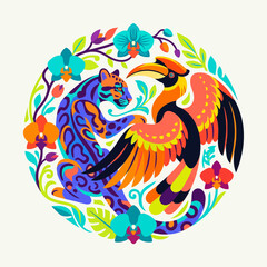 Stylized leopard and hornbill bird with tropical floral motifs. © Badi