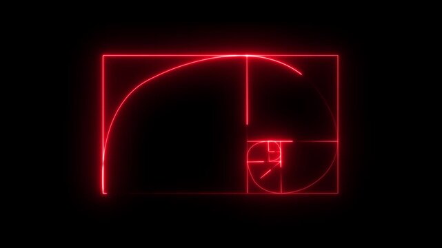  neon glowing Golden Ratio Fibonacci sequence golden number icon on black background.glowing neon Fibonacci spiral golden ratio icon