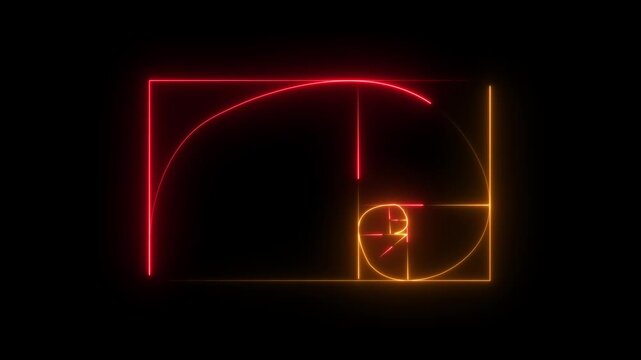  neon glowing Golden Ratio Fibonacci sequence golden number icon on black background.glowing neon Fibonacci spiral golden ratio icon