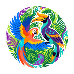 Colorful macaw and hornbill with tropical fern leaves illustration. © Badi