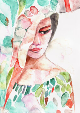 Imaginary Woman Behind a Curtain with Coral Face, Hand Painted Watercolor