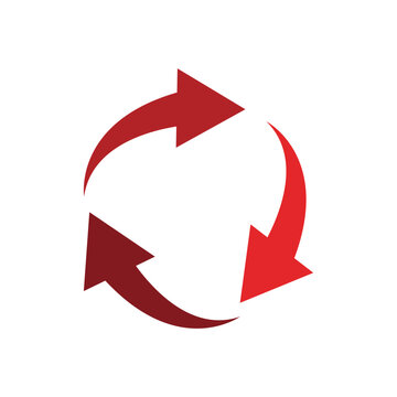 A minimalist vector design of three red curved arrows arranged in a continuous circular rotation pattern, isolated on a solid white background