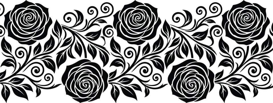 Black Silhouette Rose Floral Border Vector Pattern with Swirls Leaves and Roses for Tattoo Decoration Wedding Invitation and Graphic Design Projects