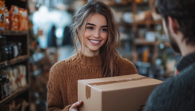 Cheerful young woman in late 20s, warm olive sweater, receiving cardboard box from courier worker, smiling with gratitude, eco-friendly shop, soft lighting, blurred background, moment of connection