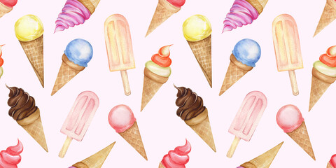 A watercolor seamless pattern with colorful ice creams and popsicles. A cute and bright ice cream print, a sweet, cold dessert. Fruit and berry flavors, on a stick or in a cone. © Yana
