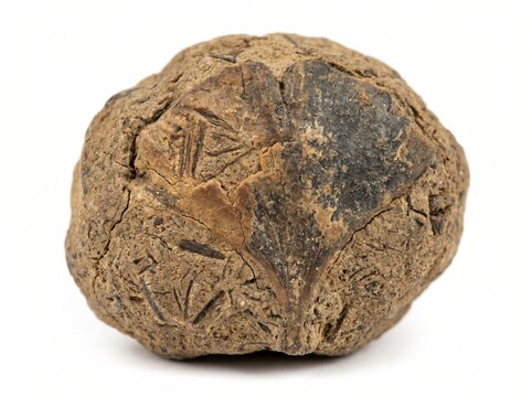Ancient fossilized coprolite with plant imprints on a white background