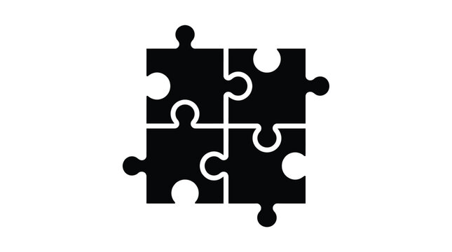 Minimalist black vector illustration featuring four interlocking jigsaw puzzle pieces arranged in a perfect square grid