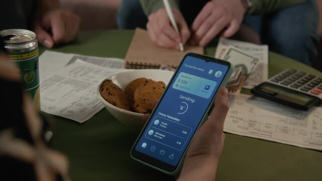 Caucasian young woman holding smartphone with mobile banking app interface, flatmate calculating shared household budget on table. Fintech marketing and student financial planning campaigns