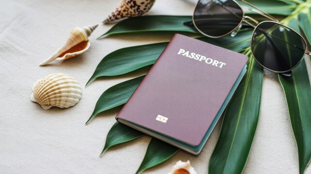 A passport with seashells and sunglasses on palm leaves isolated on a white background for travel planning services.