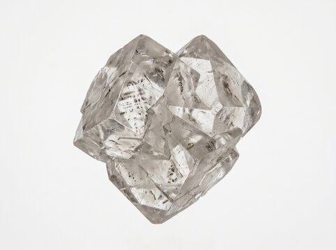 Close up of a raw uncut diamond crystal cluster showing its geometric facets and internal inclusions against a clean white background