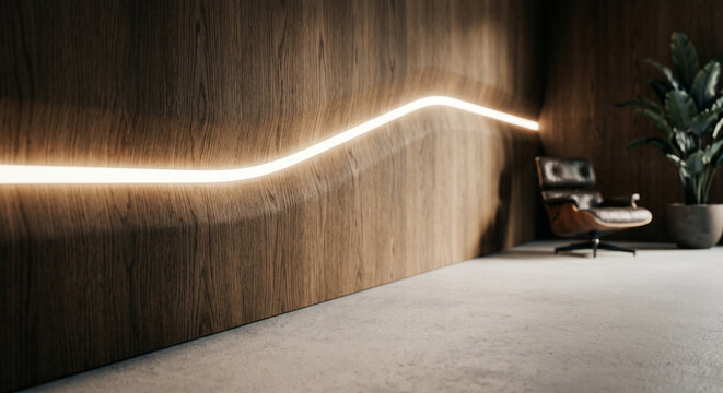 Luxury modern interior with wavy wood wall and neon light strip