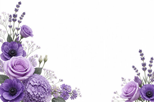 Lavender and purple floral arrangement on white corner