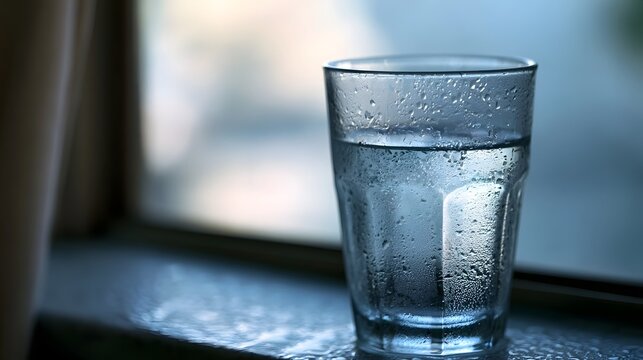 A close up view of a glass covered in refreshing condensation emphasizing coolness and freshness under bright daylight
