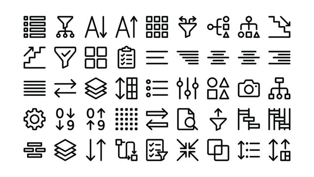 Black line icons for user interface and web design elements on white background