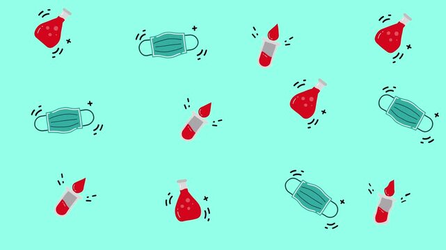 Seamless medical pattern with cartoon test tubes, blood droplets, and scientific equipment. Perfect for healthcarethemed designs and medical presentations.