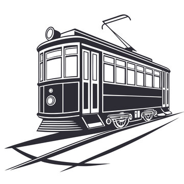 Vintage electric tram silhouette illustration on tracks with city life transport mode rail transit urban transport