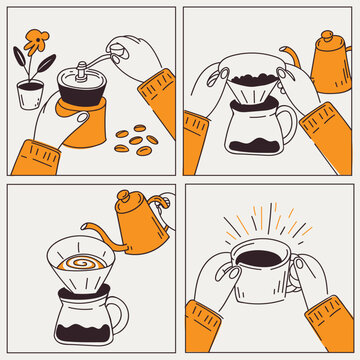 Step by step pour over coffee brewing process in first person view vector illustration storyboard