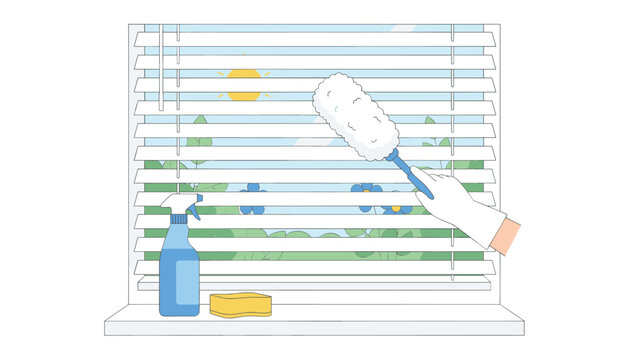 A gloved hand uses a duster to clean window blinds, with a spray bottle and sponge on the windowsill for thorough residential sanitation tasks.