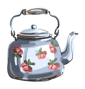 Watercolor Vintage Enamel Teapot with Lingonberry Pattern
