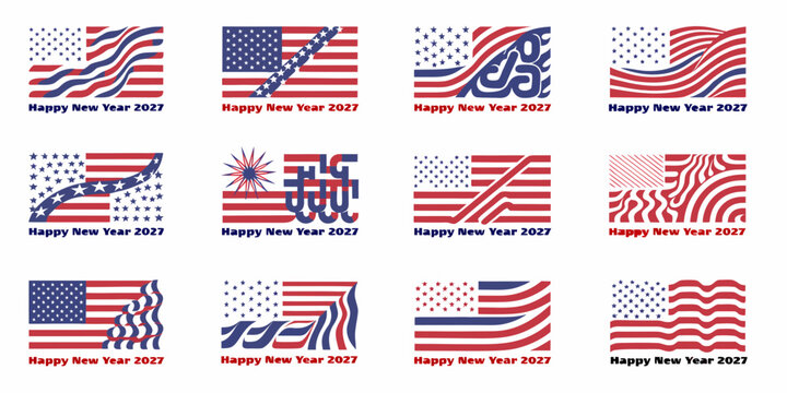 Creative us flag abstract wave and grid illustrations for new year 2027 with american patriotic abstract celebration national greeting creative collection template distortion