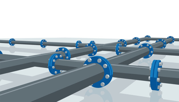 Network of grey industrial pipes with blue bolted flanges arranged in a grid pattern on a clean light grey surface for industry.