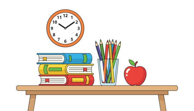 Desk featuring a stack of colorful books, a glass cup full of pencils, and a red fruit with a wall clock for a classroom environment.