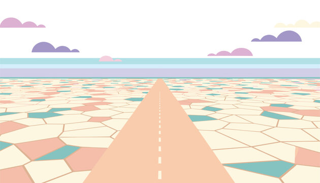 Perspective view of a long road stretching across a cracked desert landscape under a clear sky with soft clouds in the distance.
