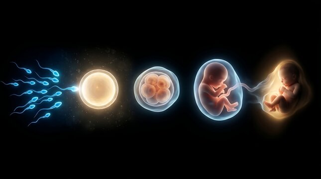 Human embryo development stages from fertilization to fetal growth represented as a scientific 3D render on black background
