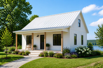Fototapeta premium A white, traditional-style house with a metal roof sits on a green lawn under a bright blue sky.