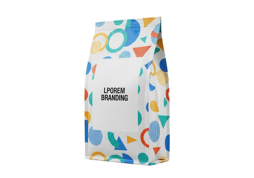 White coffee bean bag with a colorful geometric pattern and blank label isolated on transparent background