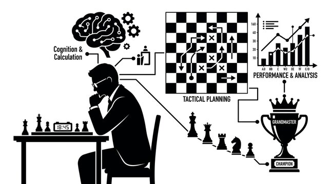 Chess grandmaster strategic planning and cognitive performance analysis infographic vector illustration for business success