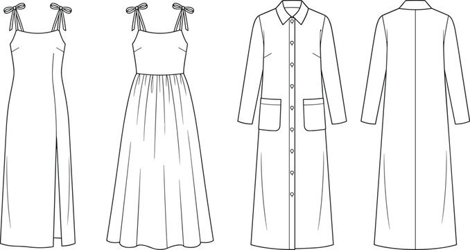 Technical fashion sketches of a summer camisole dress with tie straps and a long-sleeve button-front coat dress.
